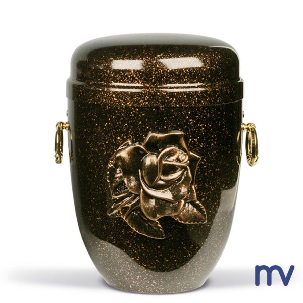 Morivita - stalen urne in koperkleur gespikkels met bloemmotief en messing ornamenten