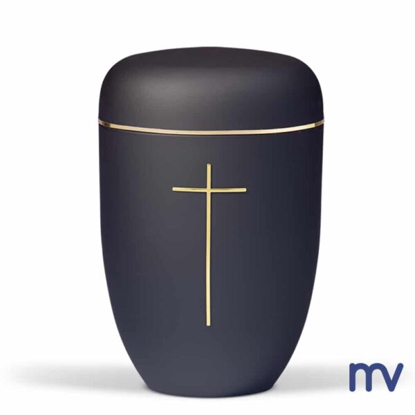 Morivita - Stalen urne in antraciet mat kleur met een kruis en een gouden lint