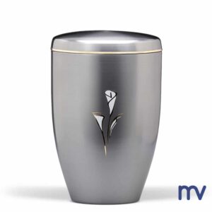 Morivita Mortuary supplies - steel urn with white-gold floral design and gold band