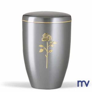 Morivita - stalen urne met gouden lint en gouden rozenmotief