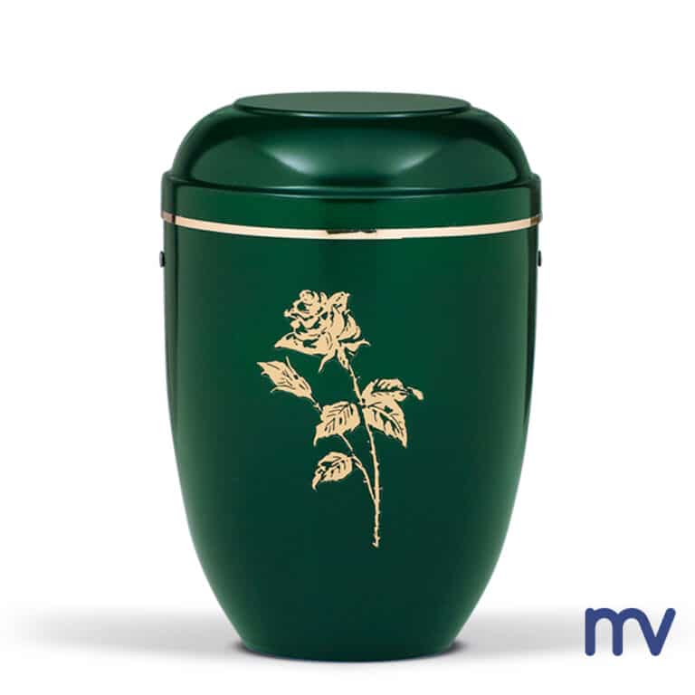 Morivita - Mosgroene urne in staal met gouden lint en een rozenmotief