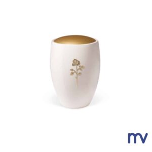 Morivita - Funeral Supplies - Ceramic urn, white glazed brushed gold ribbon.