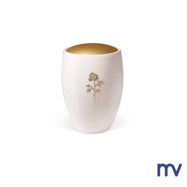 Morivita - Funeral Supplies - Ceramic urn, white glazed brushed gold ribbon.